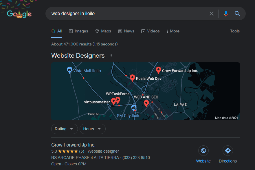 Search engine result for "web designer in Iloilo" keyword