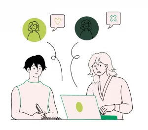 a girl and boy using laptop checking good and bad user reaction illustration
