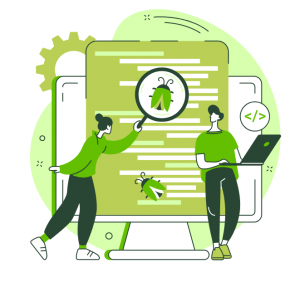 a girl and boy identifying and fixing bugs and issues on website illustration